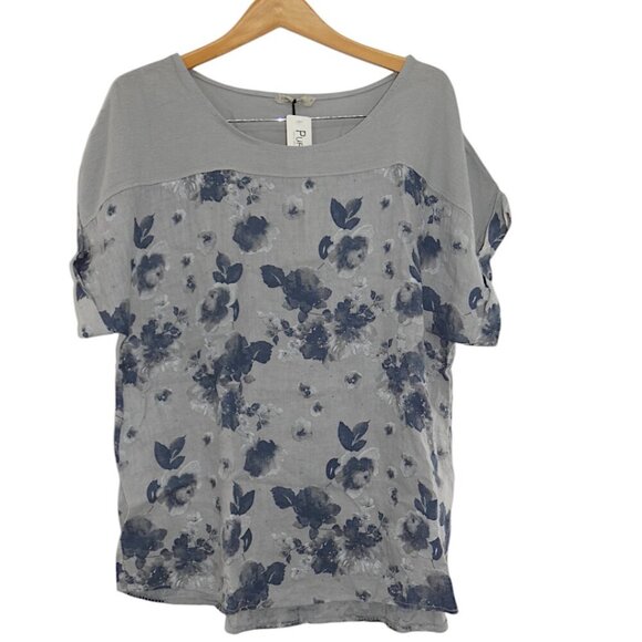 NWT Puro Lino Floral Gray Linen Top Plus Size 1X Coastal Chic Naturalcore Italy - Picture 3 of 11